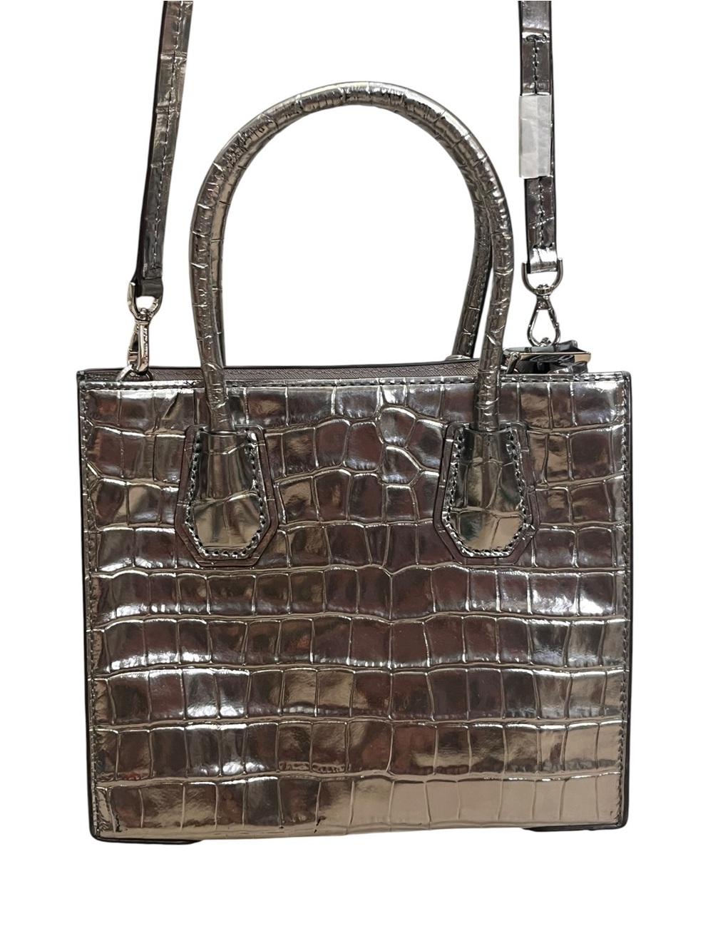 Michael Kors Mercer Gunmetal Metallic Croc Embossed Leather Crossbody Bag NWOT - Picture 4 of 14